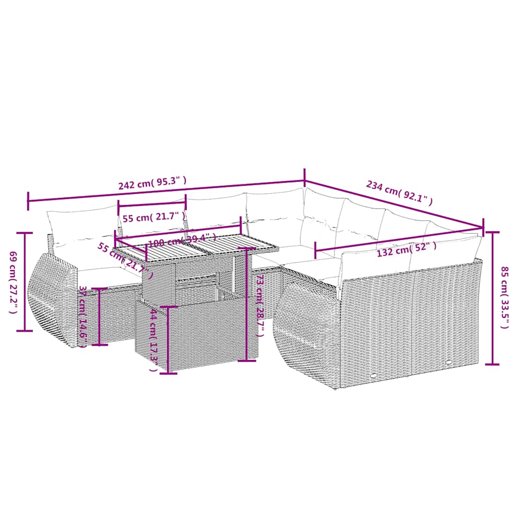 9-tlg. Garten-Sofagarnitur mit Kissen Schwarz Poly Rattan