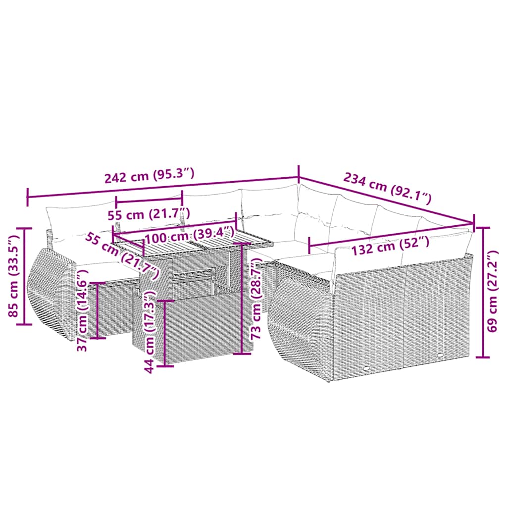 9-tlg. Garten-Sofagarnitur mit Kissen Beige Poly Rattan