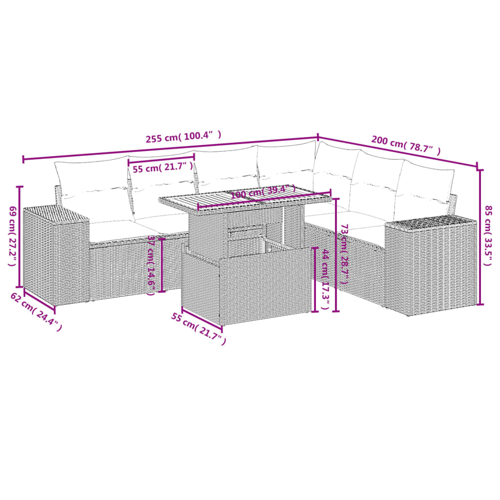 7-tlg. Garten-Sofagarnitur mit Kissen Grau Poly Rattan