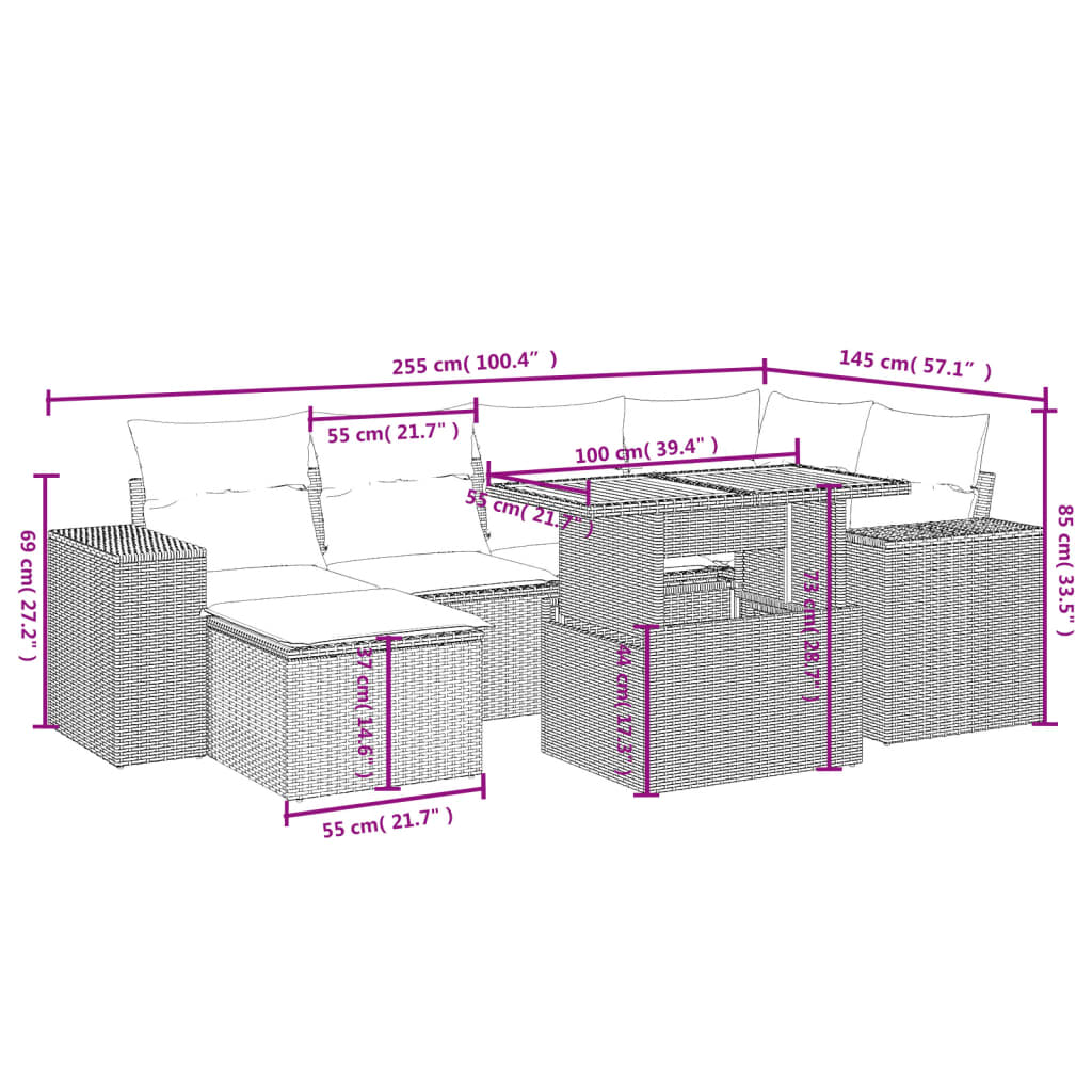 7-tlg. Garten-Sofagarnitur mit Kissen Schwarz Poly Rattan