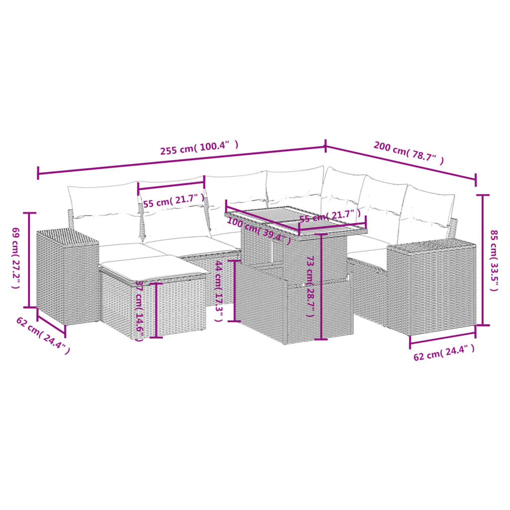 8-tlg. Garten-Sofagarnitur mit Kissen Grau Poly Rattan