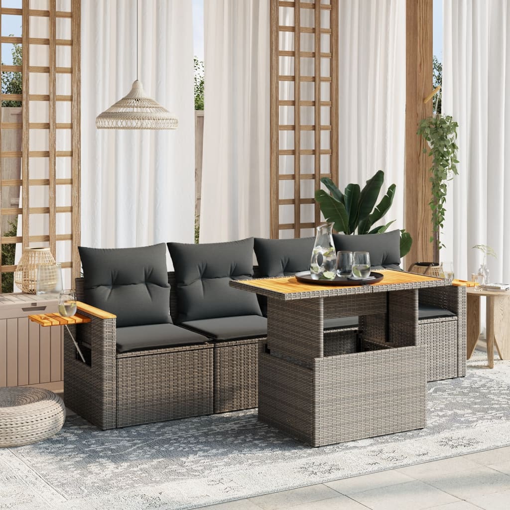 5-tlg. Garten-Sofagarnitur mit Kissen Grau Poly Rattan