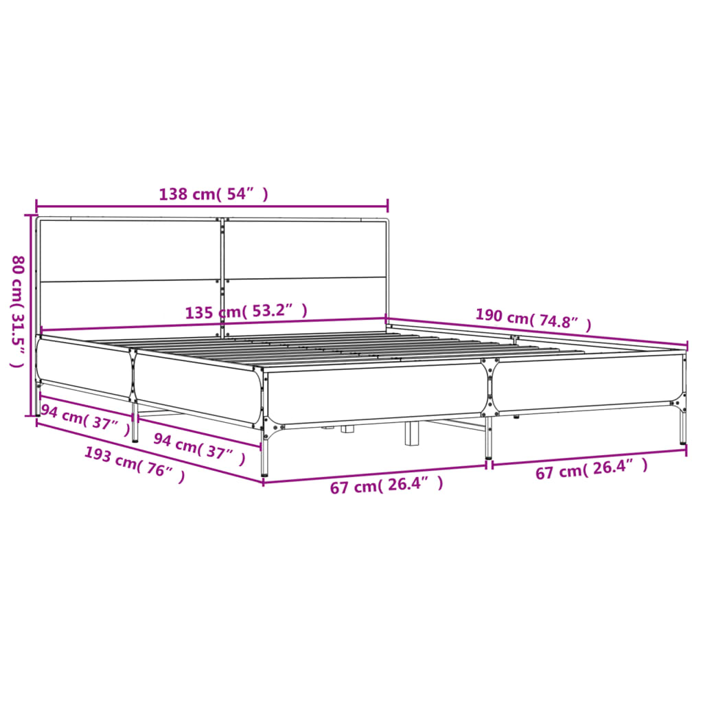 Bettgestell Sonoma-Eiche 135x190 cm Holzwerkstoff und Metall