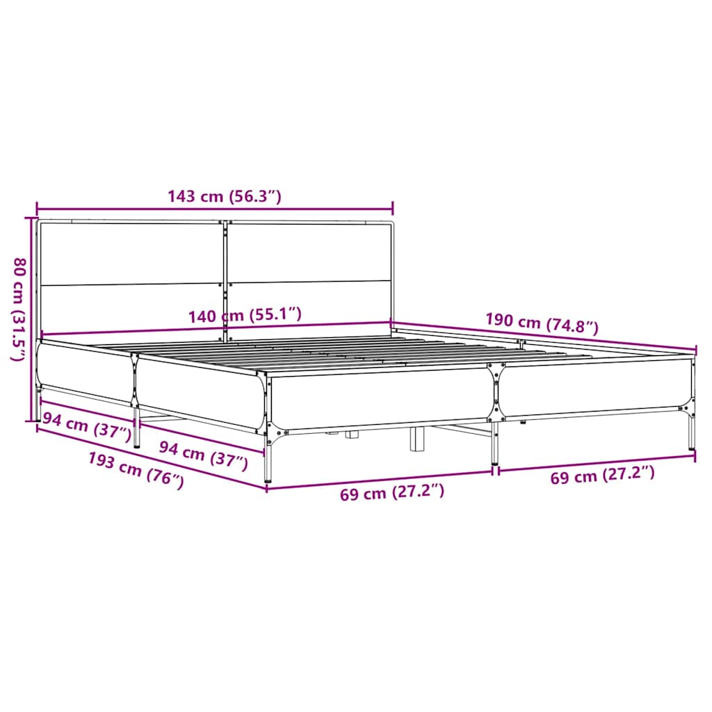 Bettgestell Sonoma-Eiche 140x190 cm Holzwerkstoff und Metall