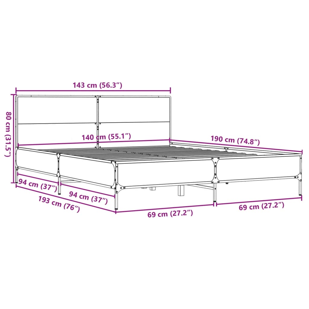Bettgestell Braun Eichen-Optik 140x190 cm Holzwerkstoff Metall
