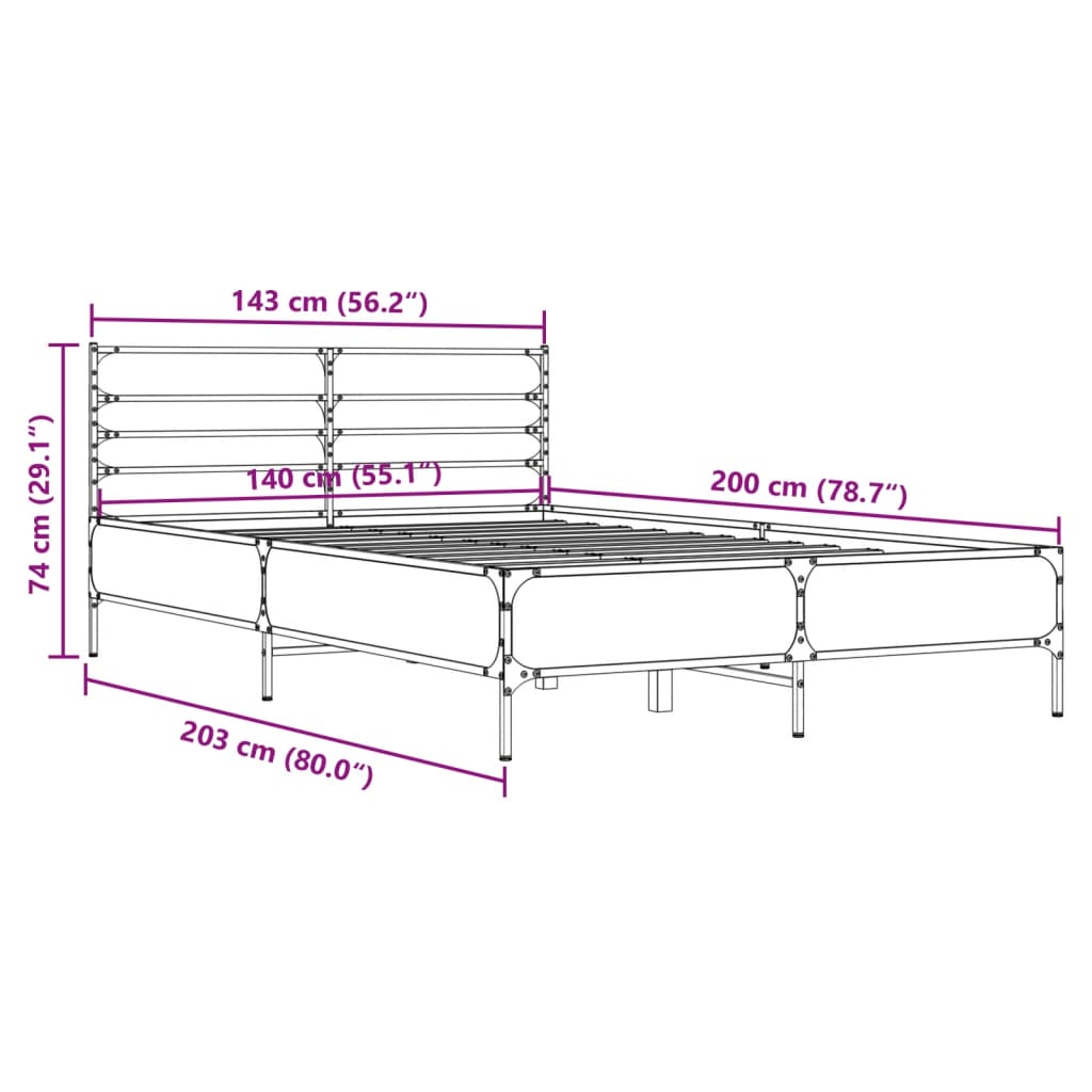 Bettgestell Grau Sonoma 140x200 cm Holzwerkstoff und Metall