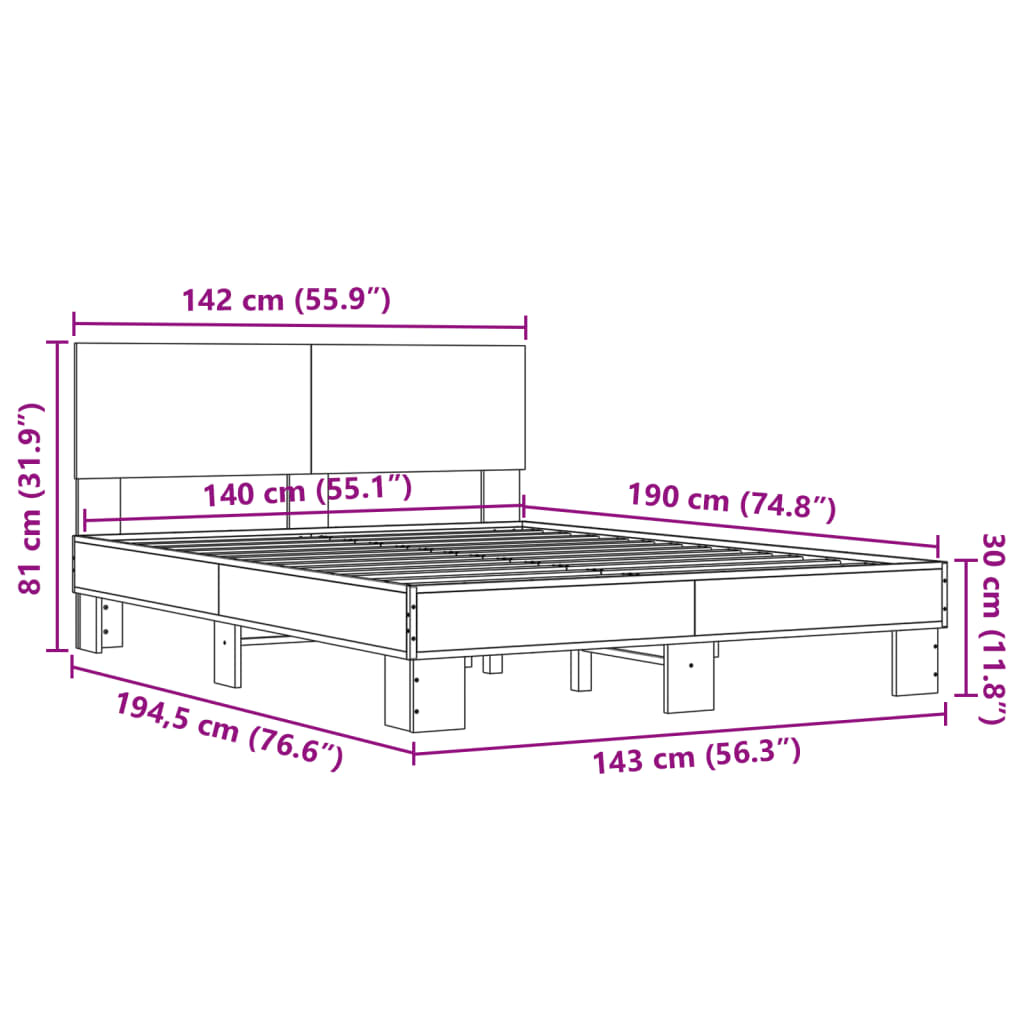 Bettgestell Sonoma-Eiche 140x190 cm Holzwerkstoff und Metall