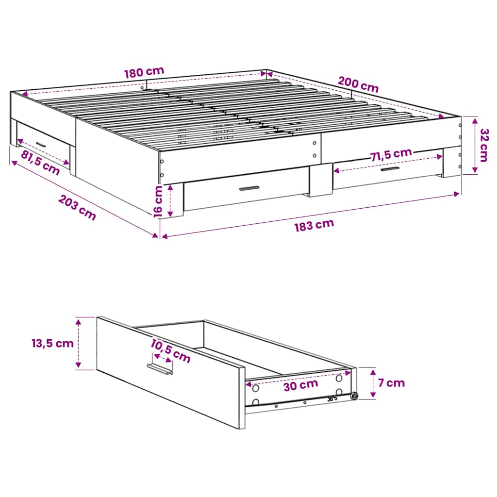 Bettgestell mit Schubladen Sonoma-Eiche 180x200cm Holzwerkstoff