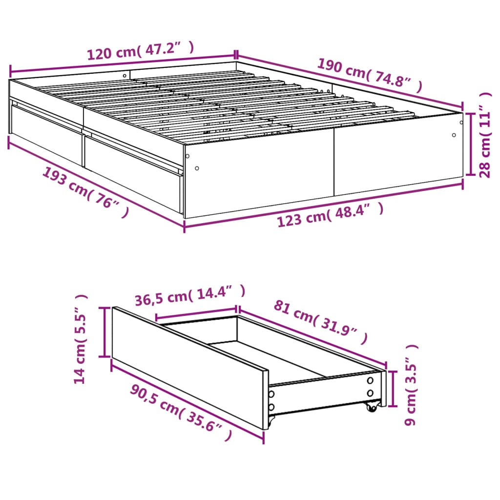 Bettgestell mit Schubladen Sonoma-Eiche 120x190cm Holzwerkstoff