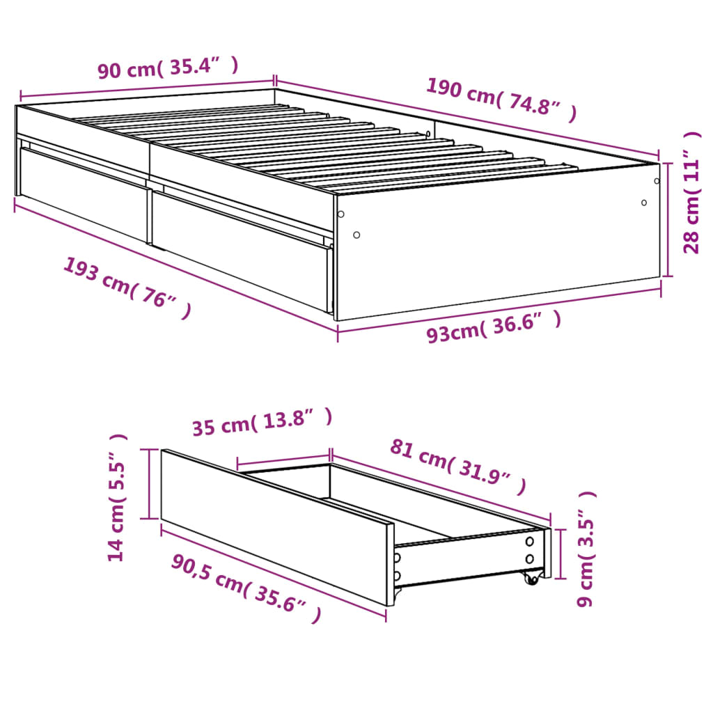 Bettgestell mit Schubladen Sonoma-Eiche 90x190 cm Holzwerkstoff