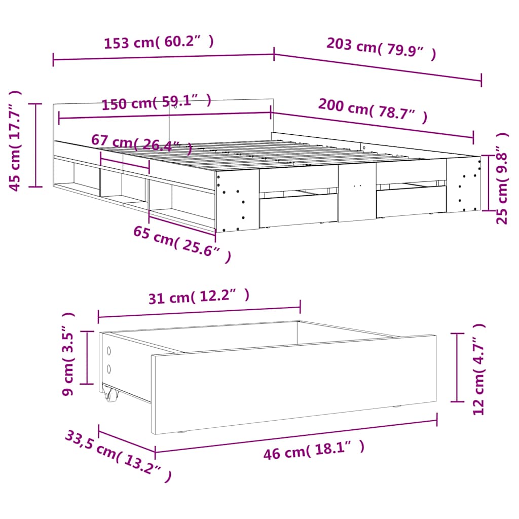 Bettgestell mit Schubladen Sonoma-Eiche 150x200cm Holzwerkstoff