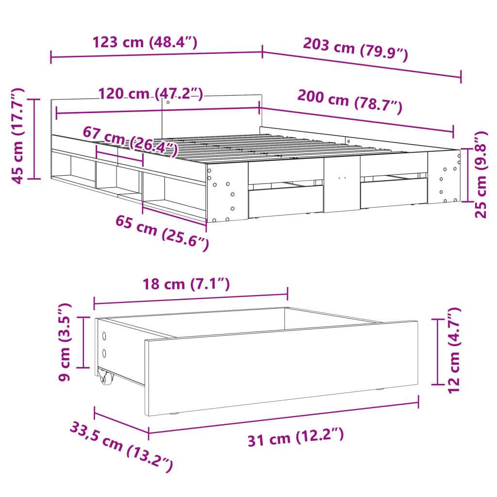 Bettgestell mit Schubladen Grau Sonoma 120x200 cm Holzwerkstoff