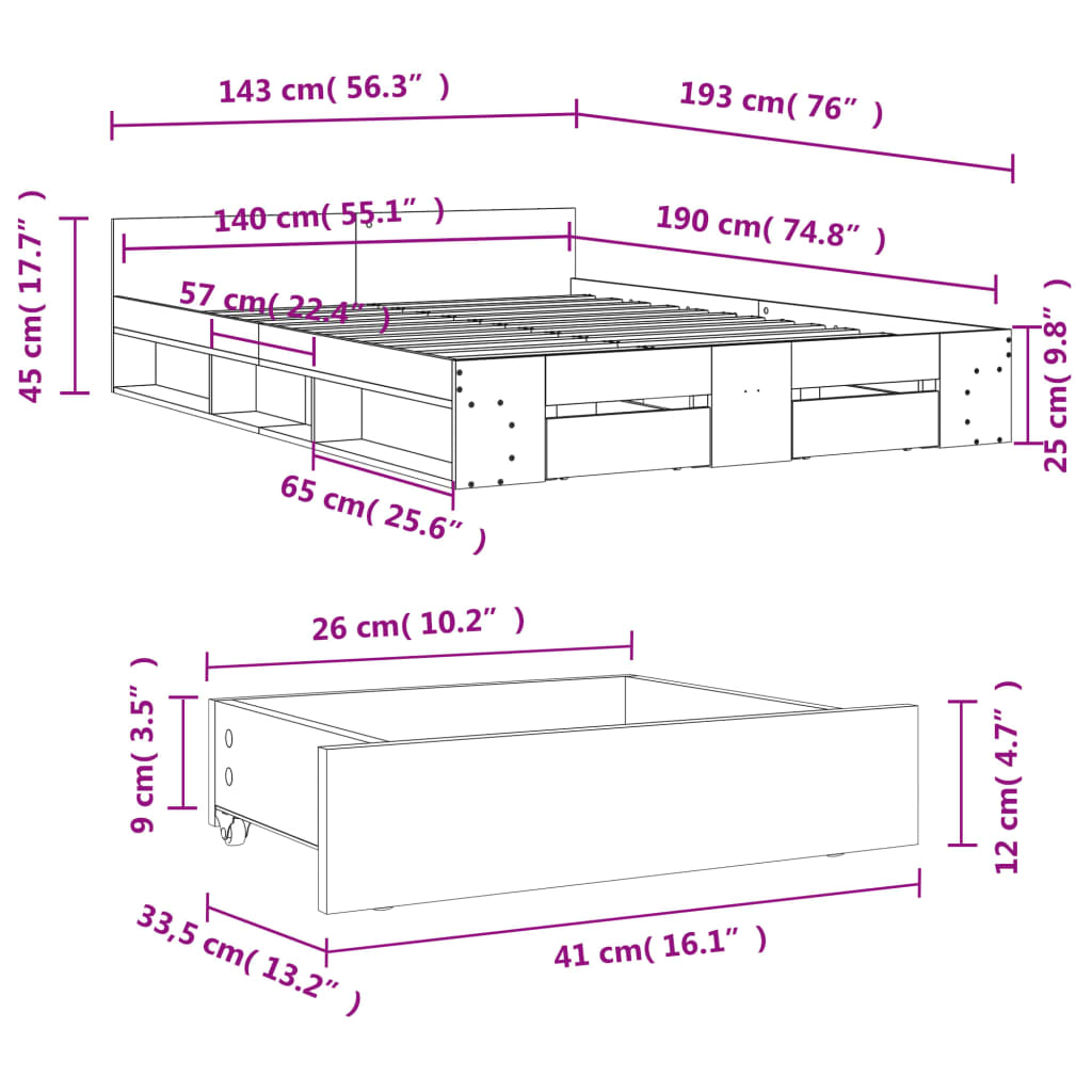 Bettgestell mit Schubladen Grau Sonoma 140x190 cm Holzwerkstoff