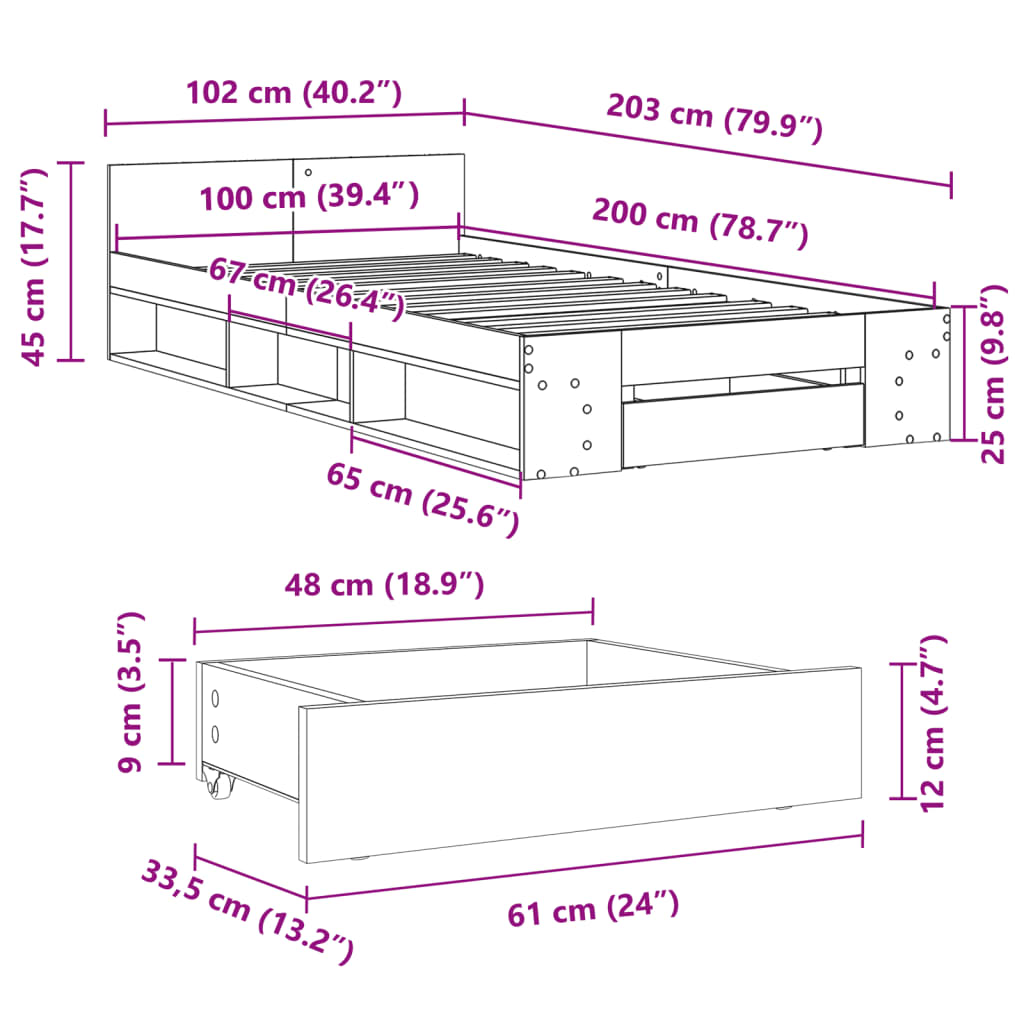 Bettgestell mit Schublade Schwarz 100x200 cm Holzwerkstoff