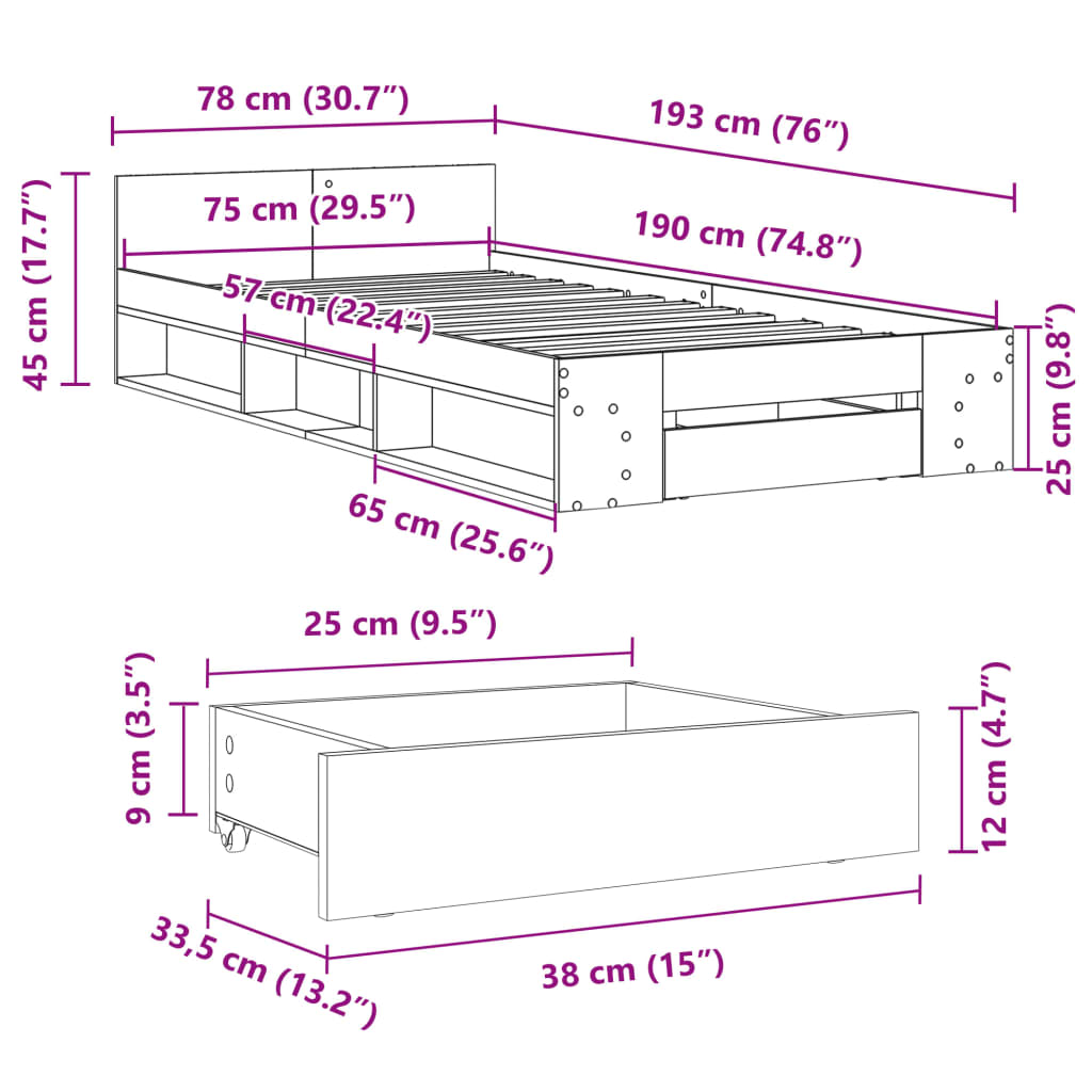 Bettgestell mit Schublade Braun Eiche 75x190 cm Holzwerkstoff