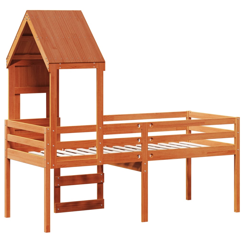 Hochbett mit Dach Wachsbraun 75x190 cm Massivholz Kiefer