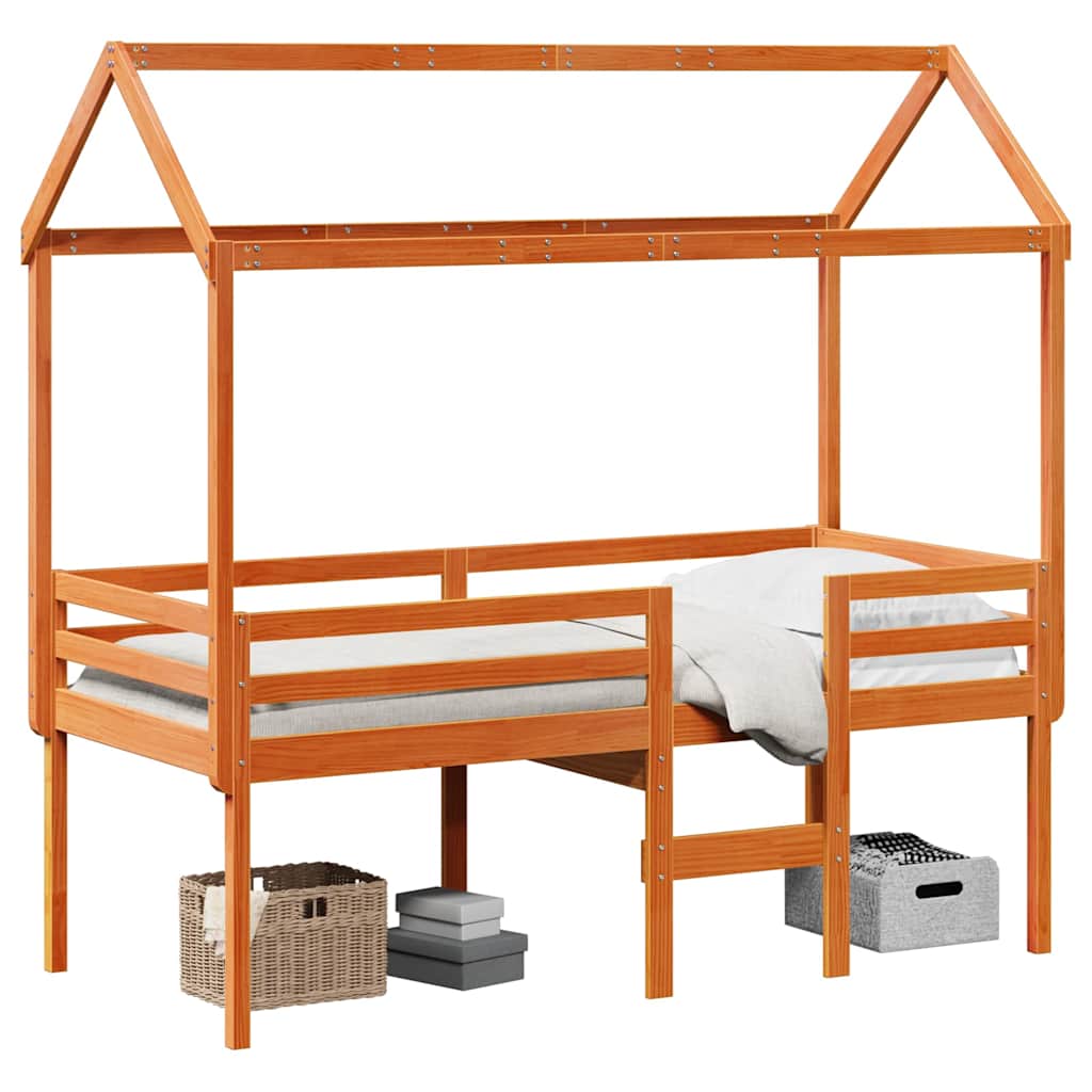 Hochbett mit Dach Wachsbraun 90x190 cm Massivholz Kiefer