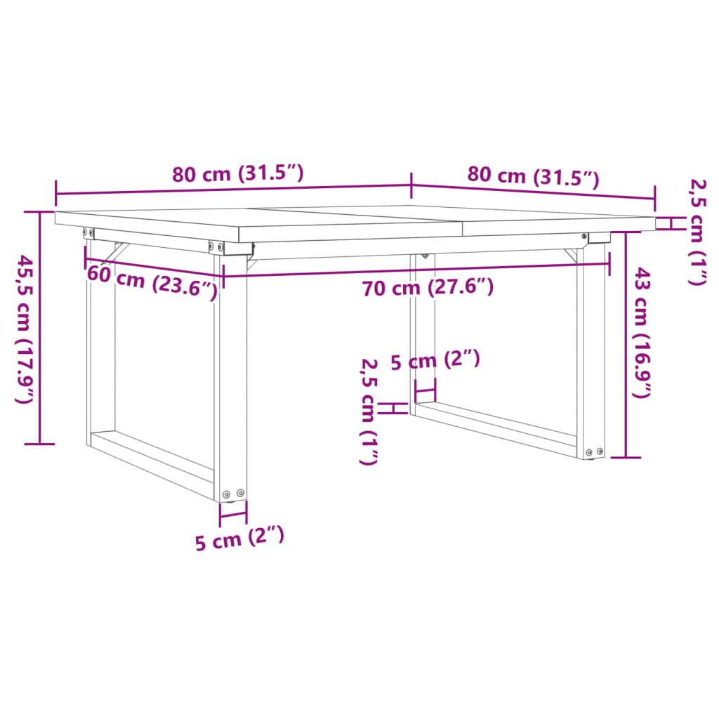 Couchtisch O-Gestell 80x80x45,5cm Massivholz Kiefer & Stahl