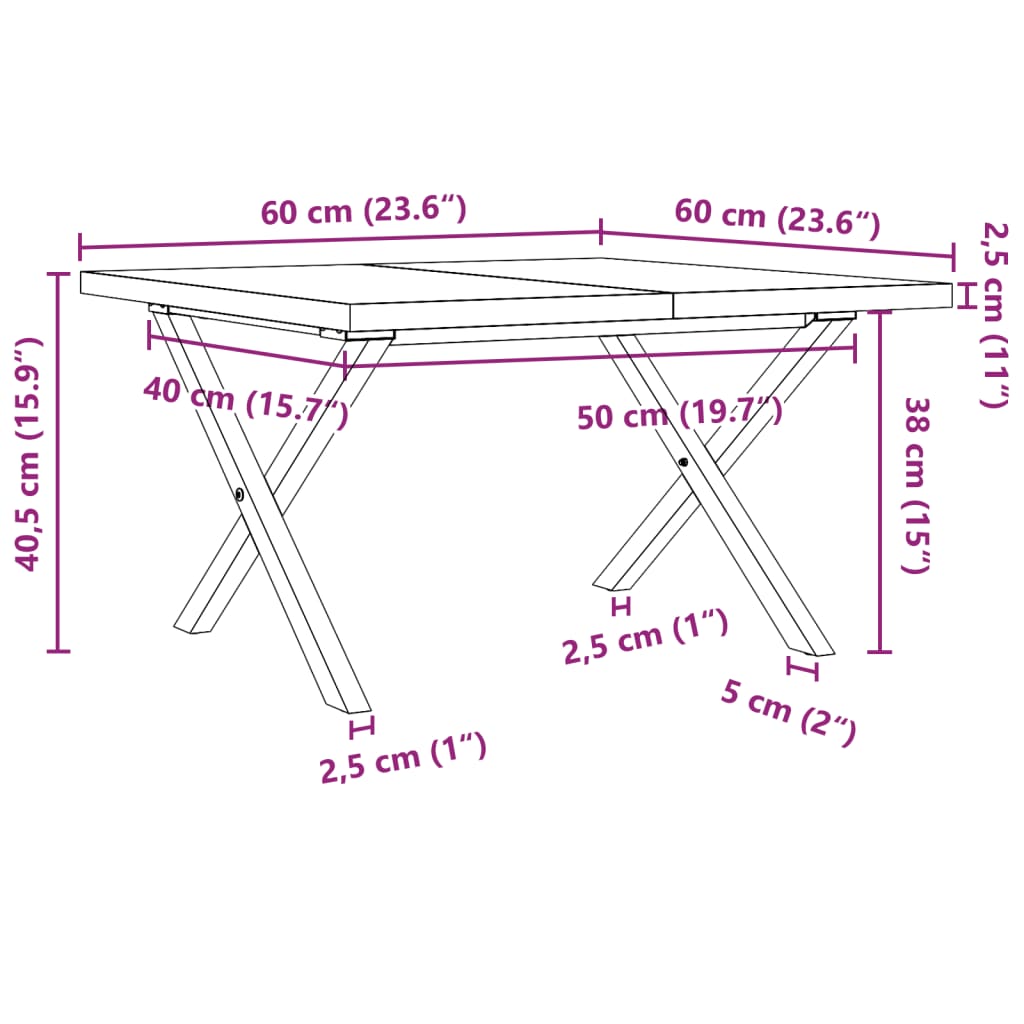 Couchtisch X-Gestell 60x60x40,5cm Massivholz Kiefer & Stahl