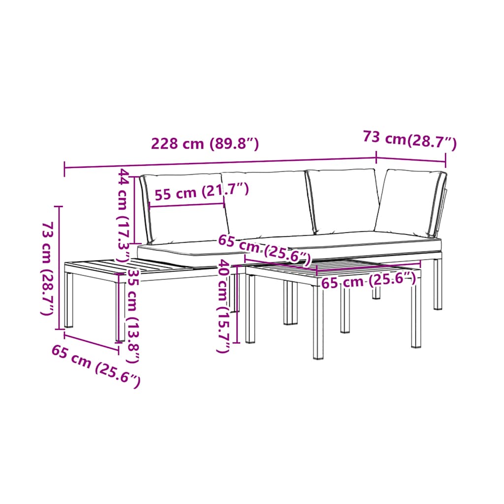 3-tlg. Garten-Sofagarnitur mit Kissen Schwarz Aluminium