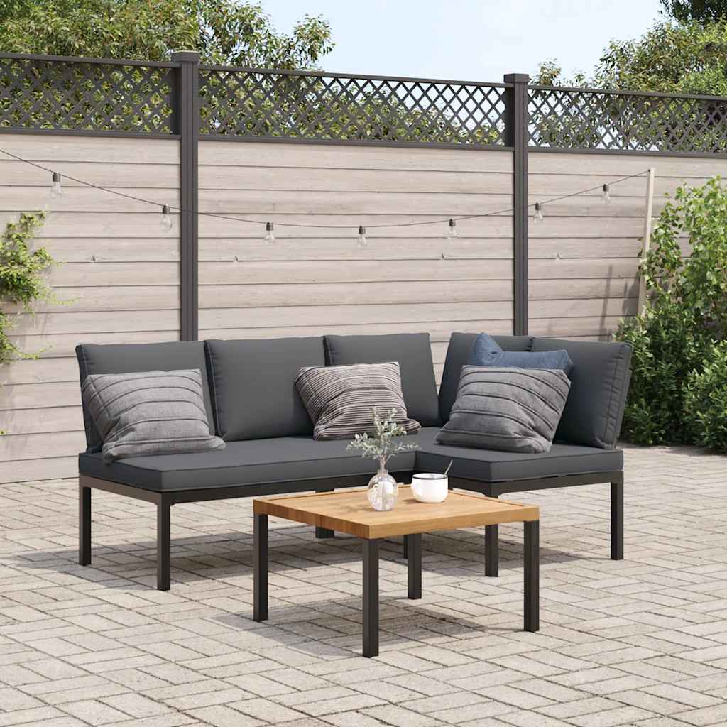 3-tlg. Garten-Sofagarnitur mit Kissen Schwarz Aluminium