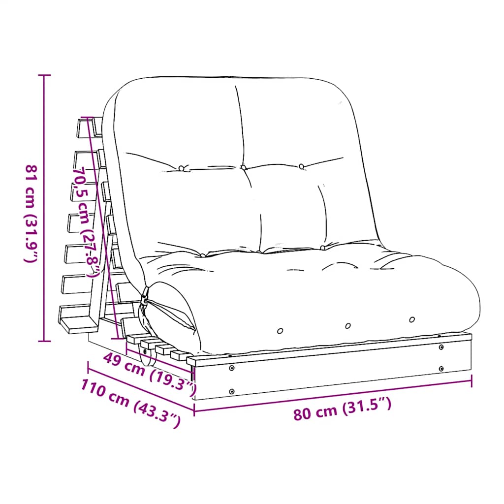 Futon Schlafsofa mit Matratze Weiß 80x206x11 Massivholz Kiefer