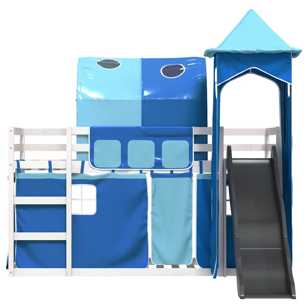 Etagenbett mit Rutsche und Gardinen Blau 90x200 cm