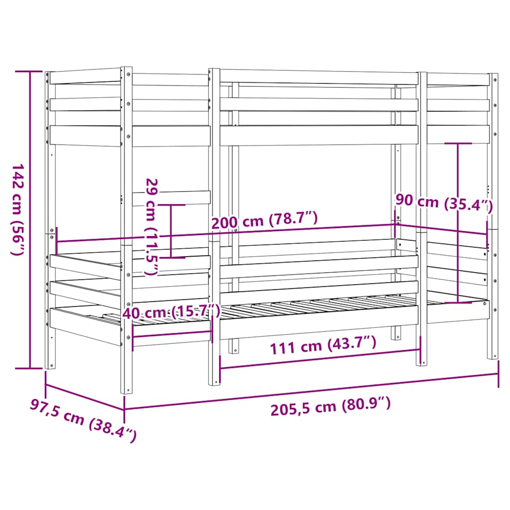 Etagenbett ohne Matratze 90x200 cm Massivholz Kiefer