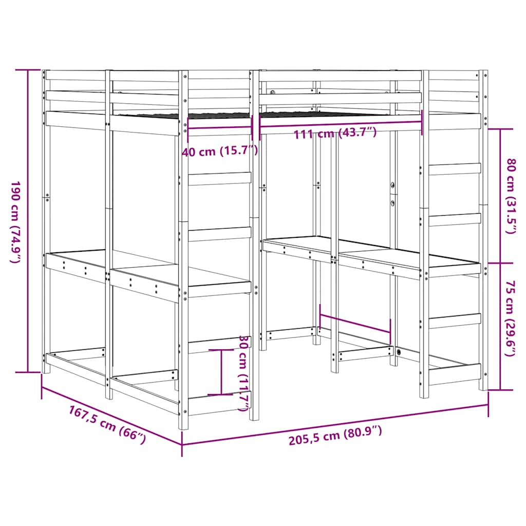 Hochbett mit Schreibtisch & Leiter 160x200 cm Massivholz Kiefer