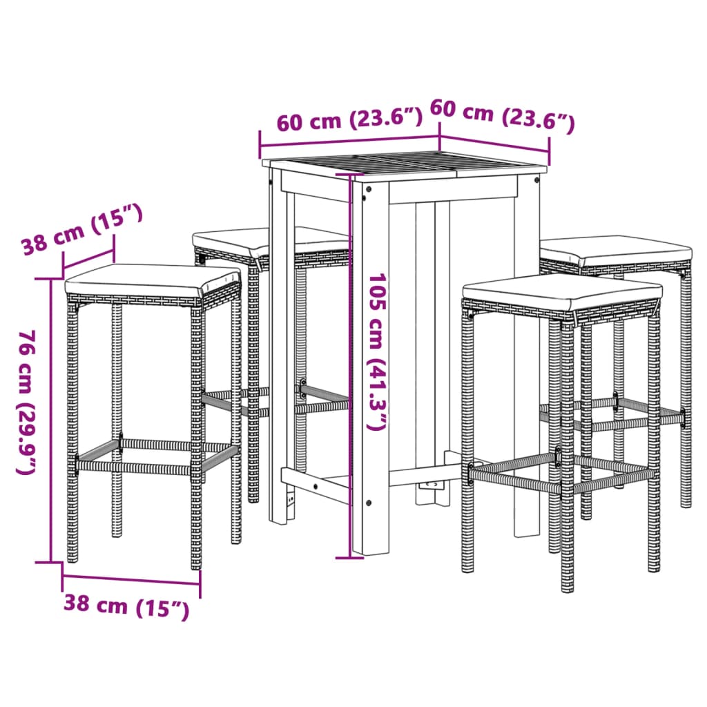 5-tlg. Gartenbar-Set Grau Massivholz Akazie und Poly Rattan