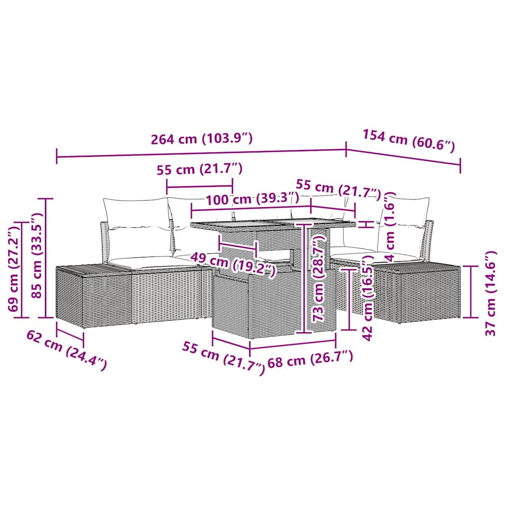Garten Essgruppe mit Kissen 6 pcs Schwarz und Braun