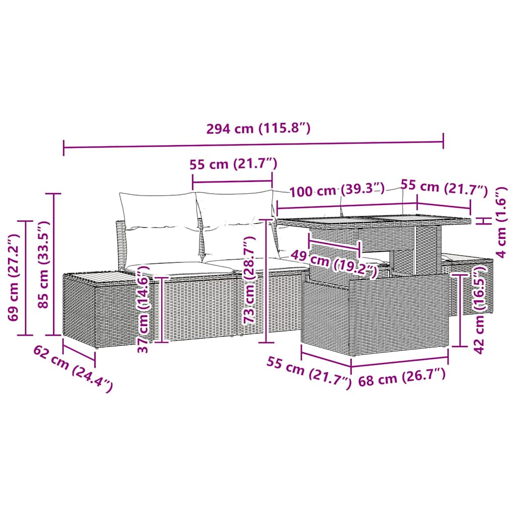 Garten Essgruppe mit Kissen 5 pcs Grau und Braun