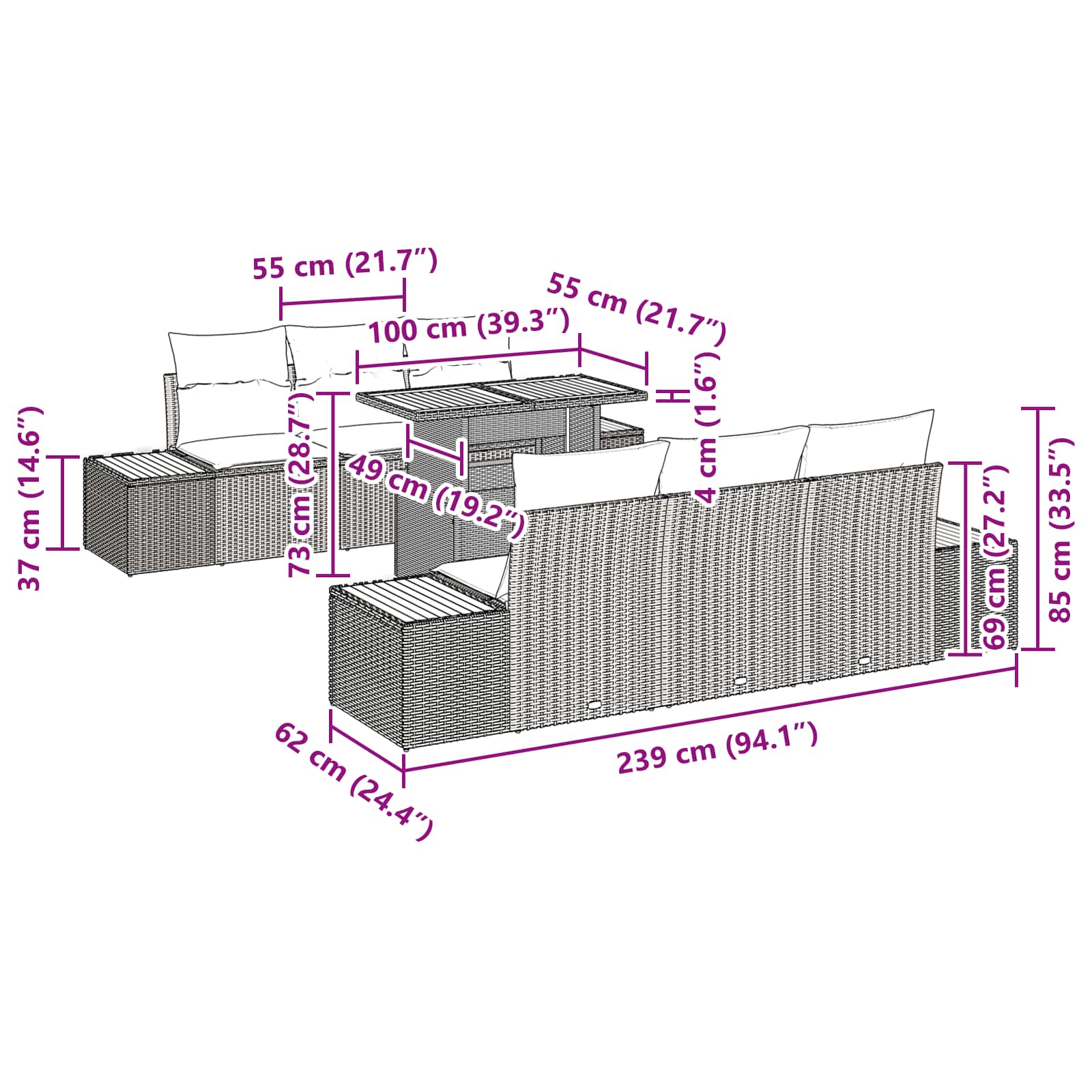 Garten Essgruppe mit Kissen 7 pcs Schwarz und Braun
