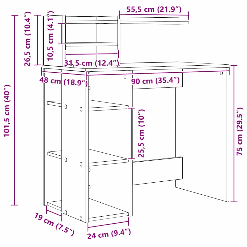 Schreibtisch mit Regal Schwarz Eichen-Optik 90 x 48 x 101,5 cm