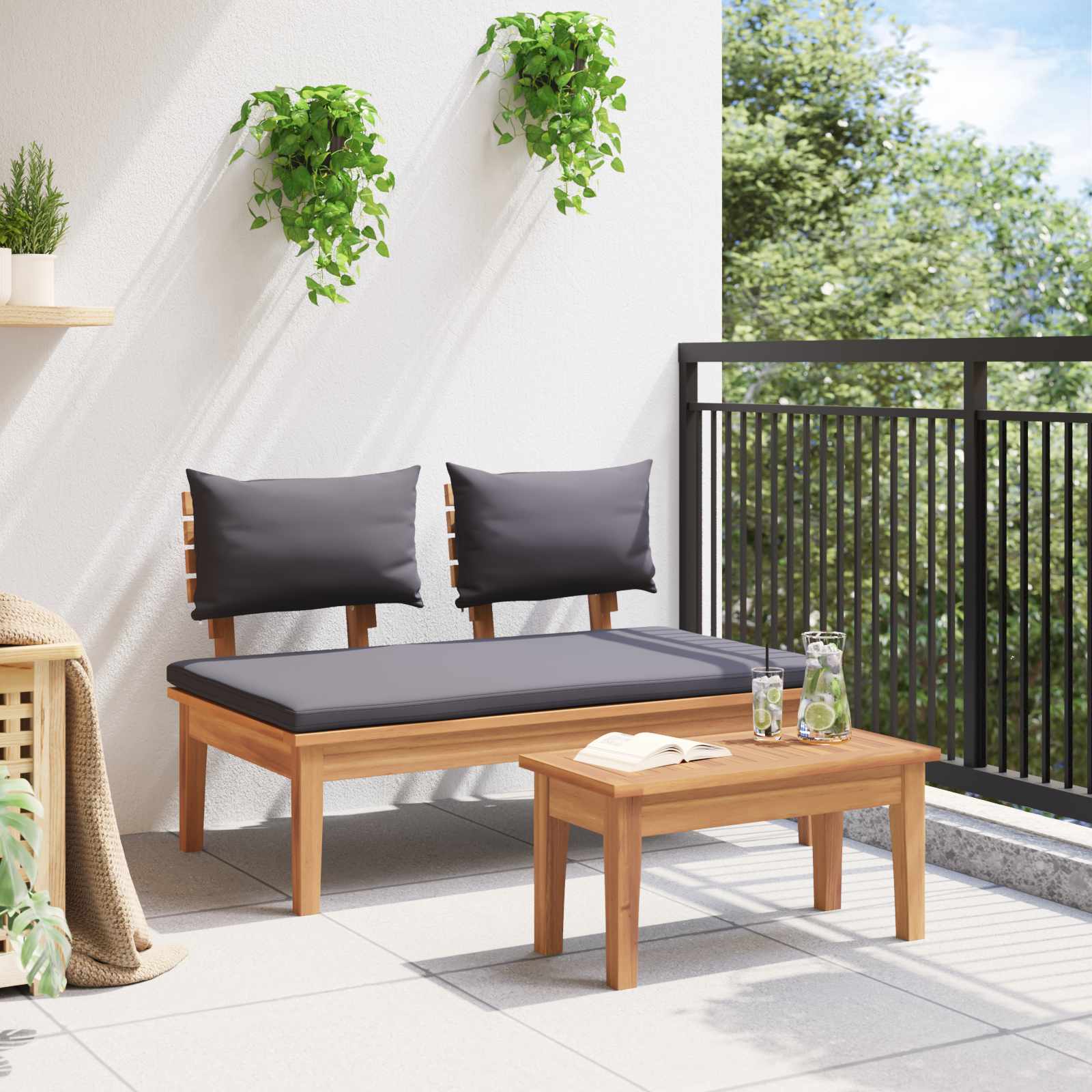 Gartenbank und Tischset 2 pcs Grau und Braun Massivholz Teak