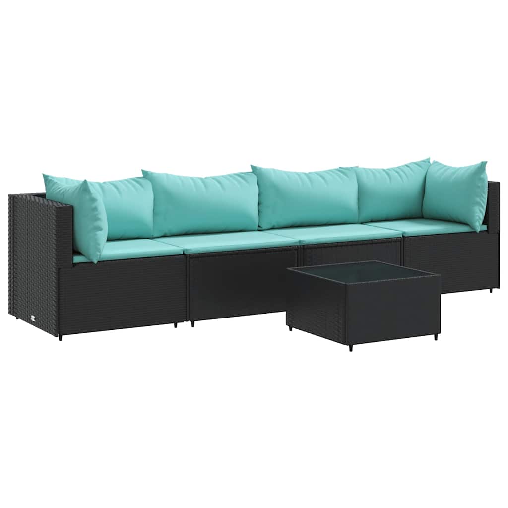 5-tlg. Garten-Lounge-Set mit Kissen Schwarz Poly Rattan