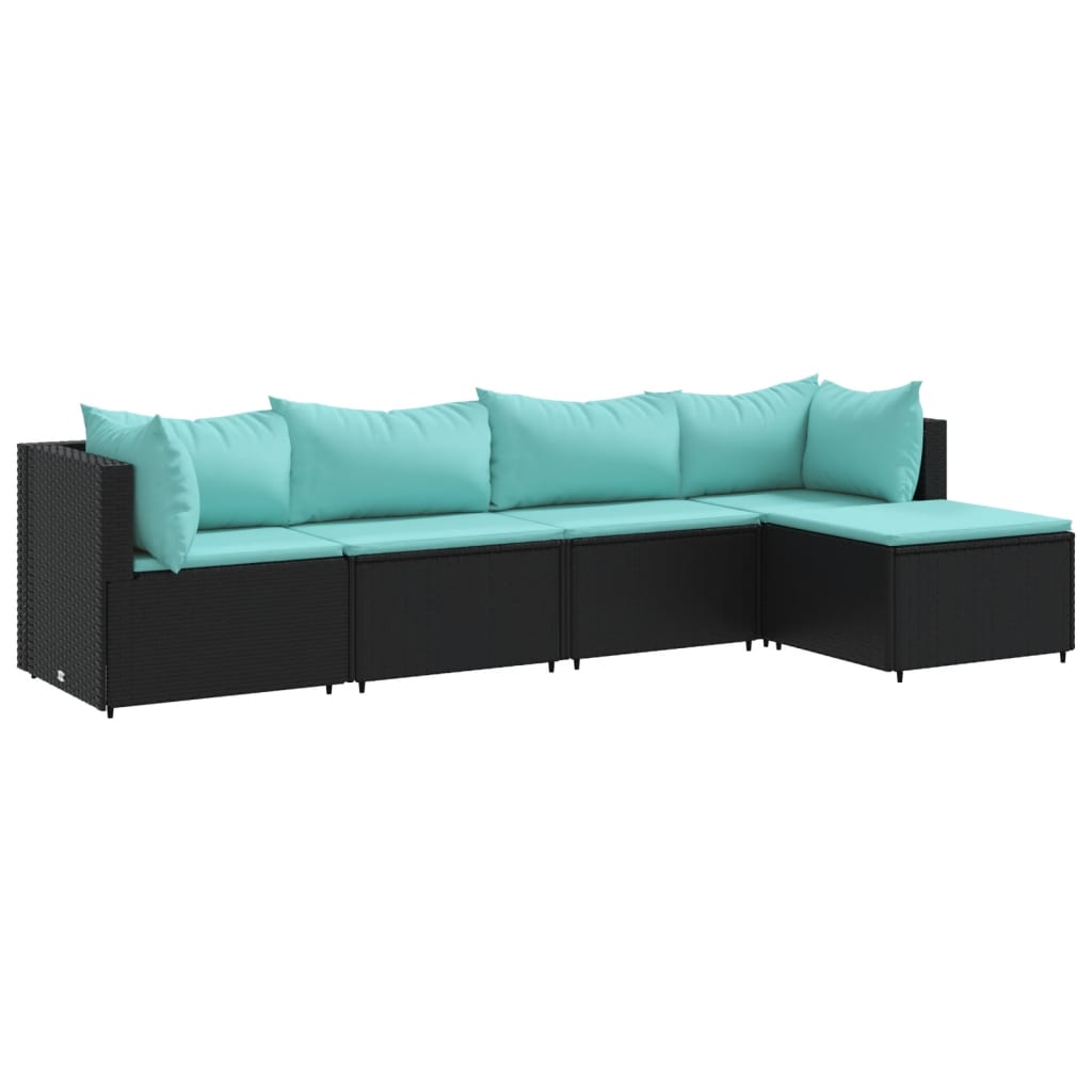 5-tlg. Garten-Lounge-Set mit Kissen Schwarz Poly Rattan