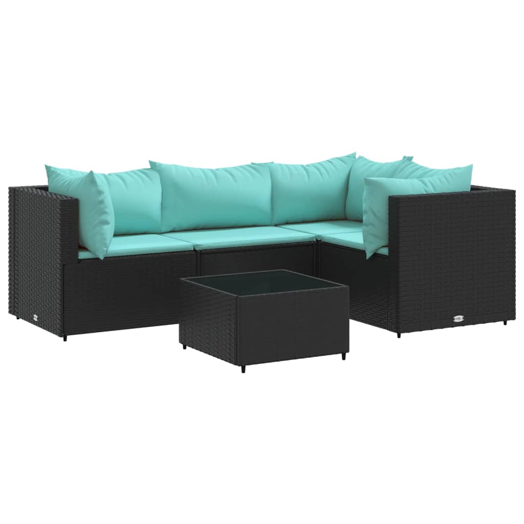 5-tlg. Garten-Lounge-Set mit Kissen Schwarz Poly Rattan