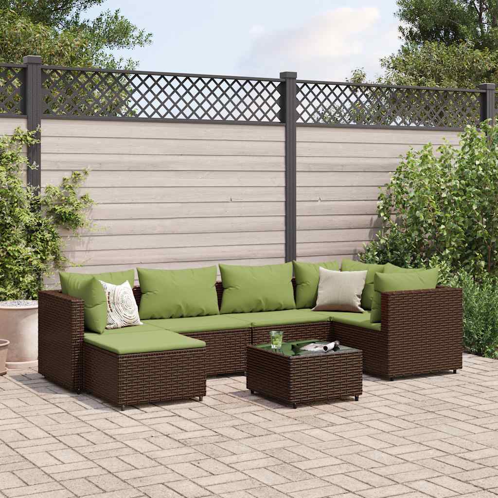7-tlg. Garten-Lounge-Set mit Kissen Braun Poly Rattan