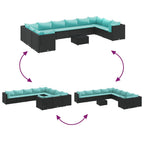 10-tlg. Garten-Lounge-Set mit Kissen Schwarz Poly Rattan