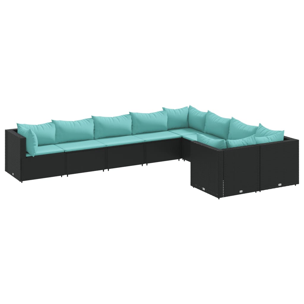 9-tlg. Garten-Sofagarnitur mit Kissen Schwarz Poly Rattan