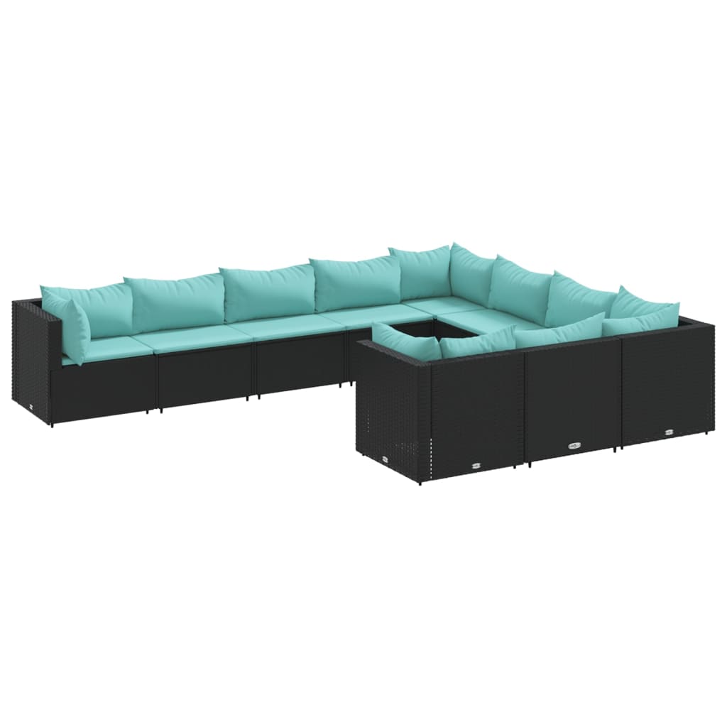 10-tlg. Garten-Sofagarnitur mit Kissen Schwarz Poly Rattan