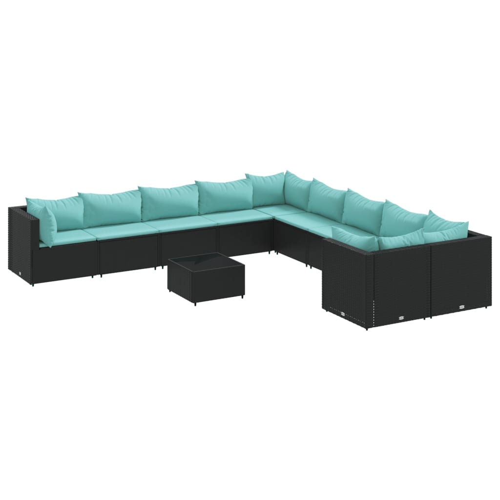 11-tlg. Garten-Sofagarnitur mit Kissen Schwarz Poly Rattan