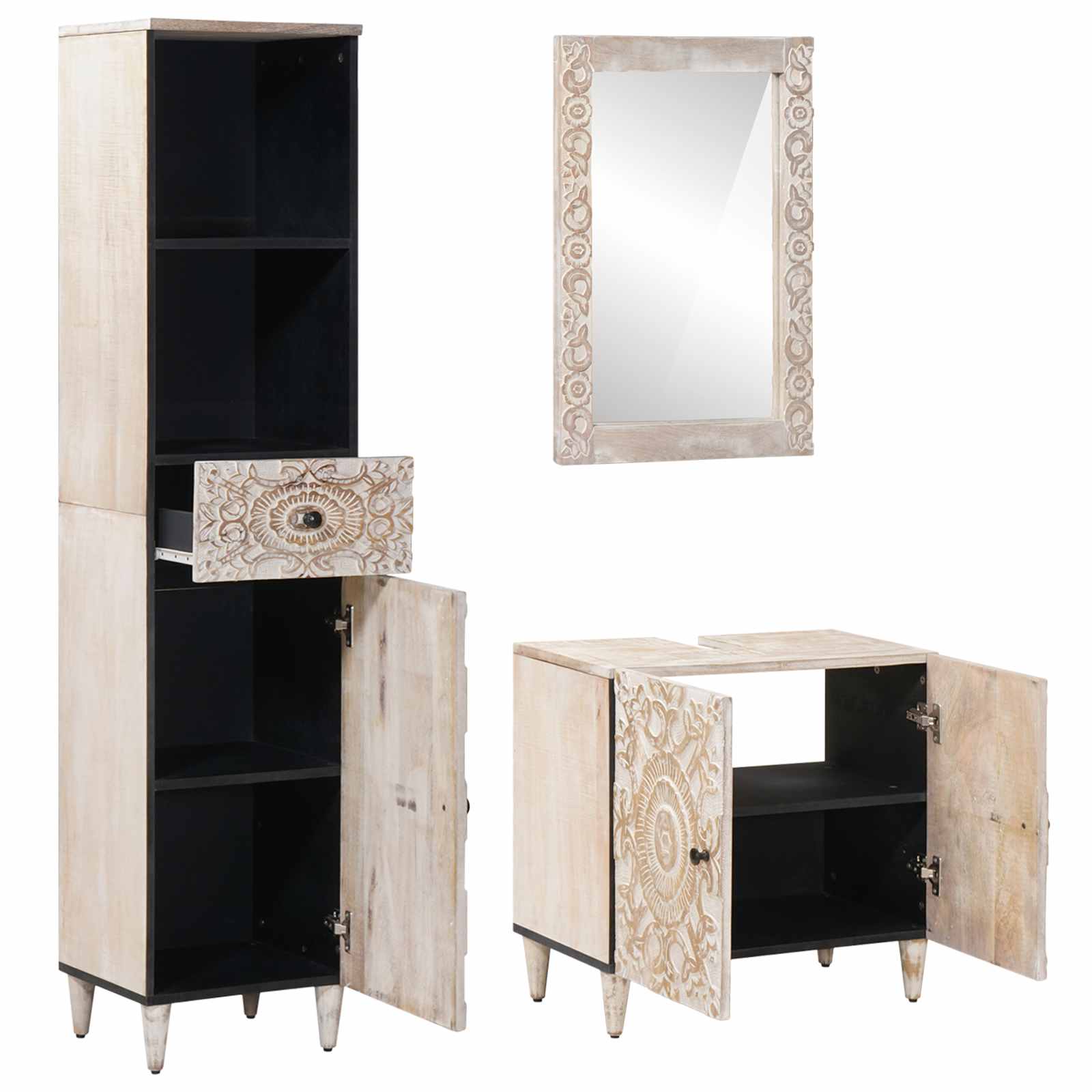 Badezimmermöbel-Set mit Schubladen 3 pcs Weiß Massivholz Mango