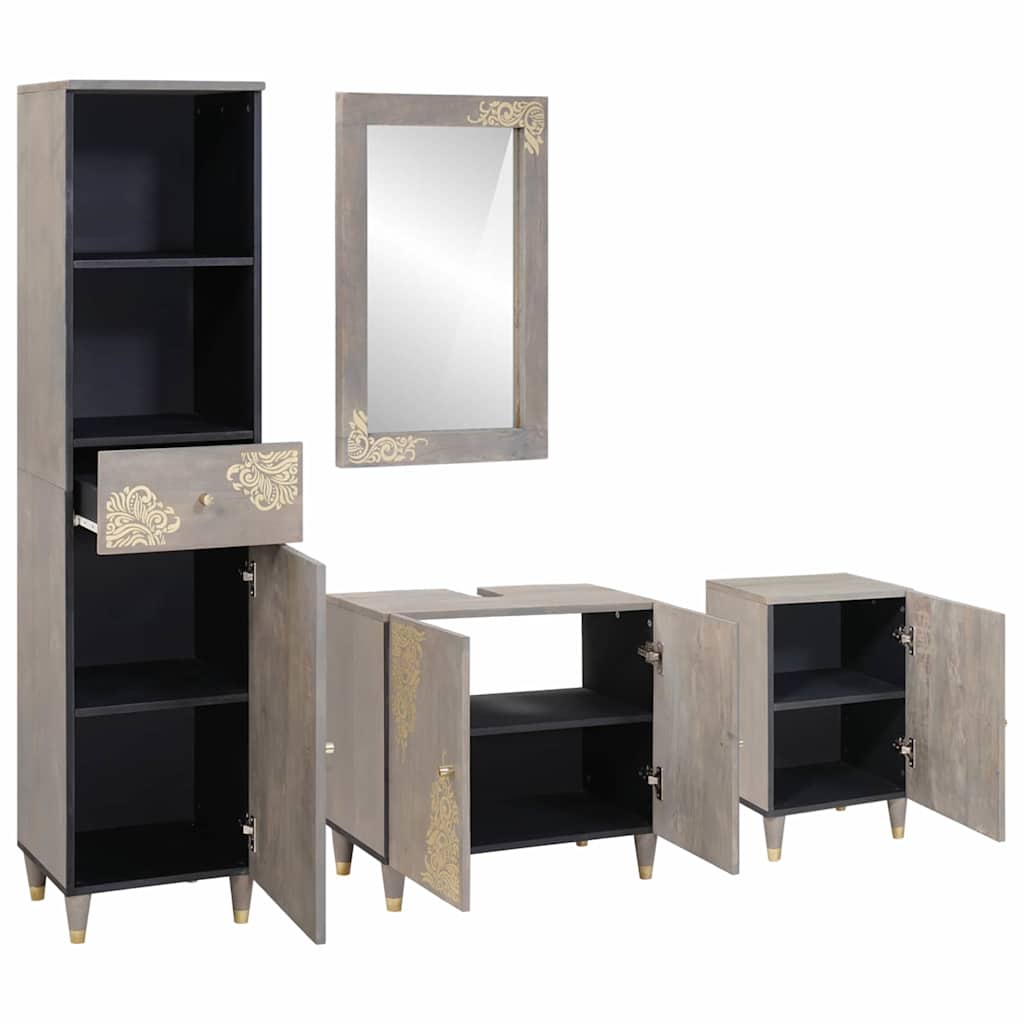 Badezimmerschrank-Set Wandmontiert 4 pcs Grau Massivholz Mango