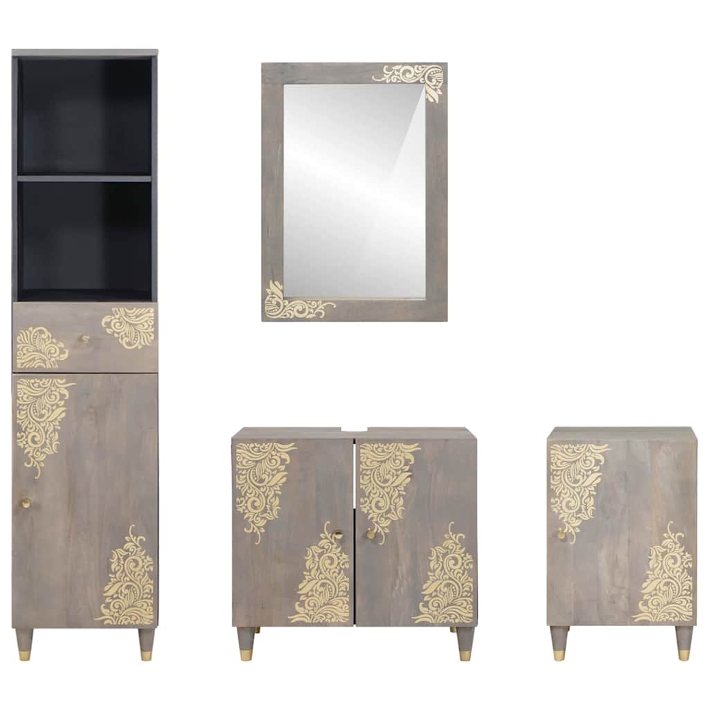 Badezimmerschrank-Set Wandmontiert 4 pcs Grau Massivholz Mango