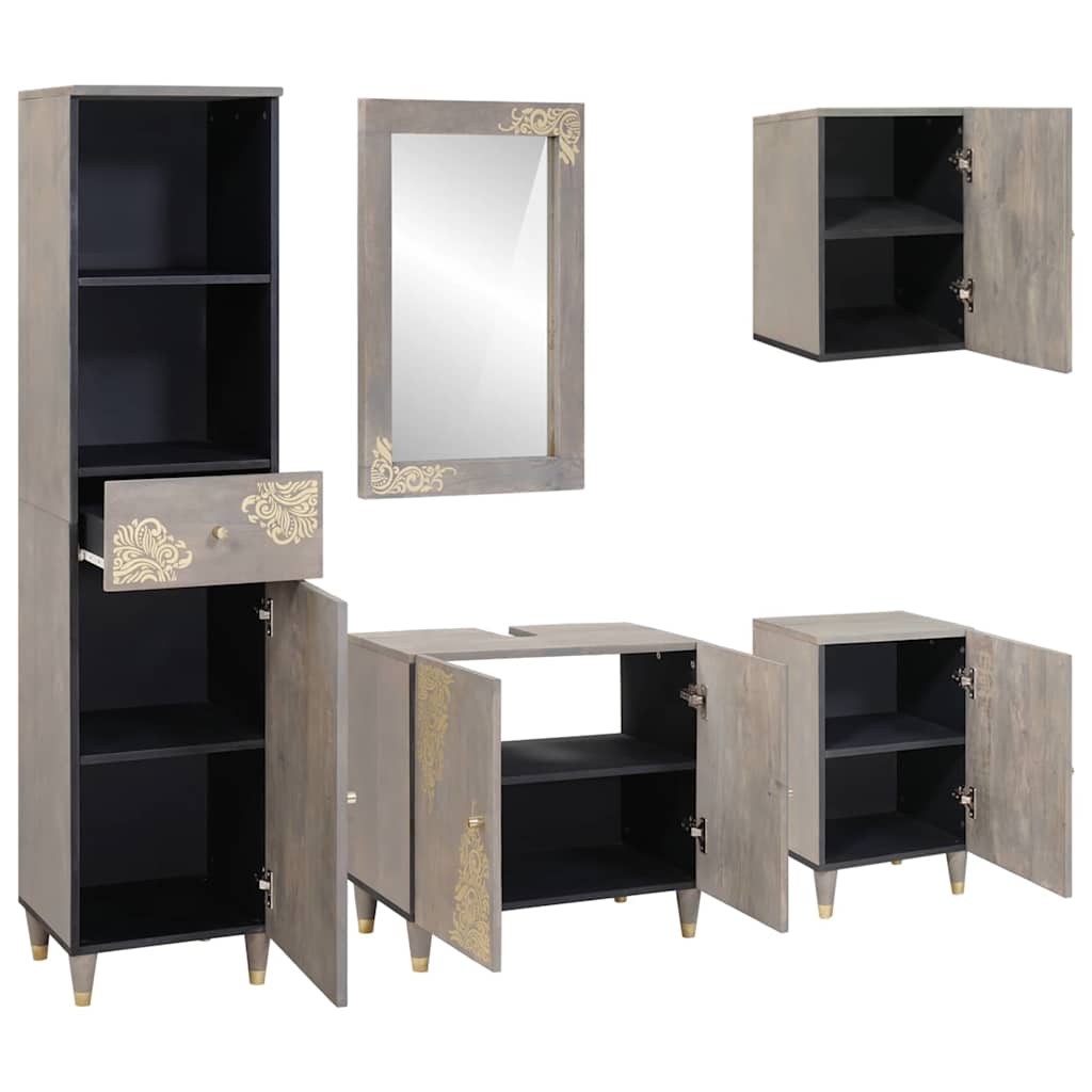 Badezimmerschrank-Set Wandmontiert 5 pcs Grau Massivholz Mango