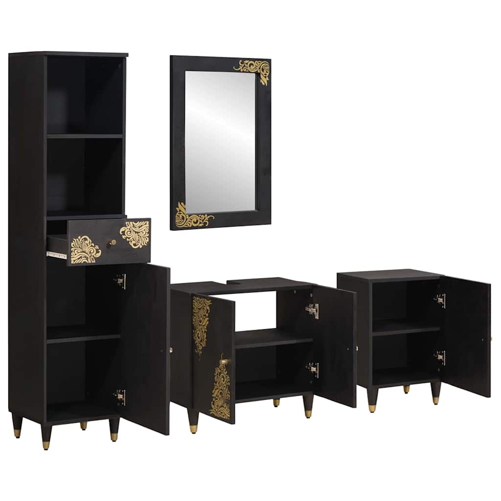Badezimmerschrank-Set mit Tür 4 pcs Schwarz Massivholz Mango
