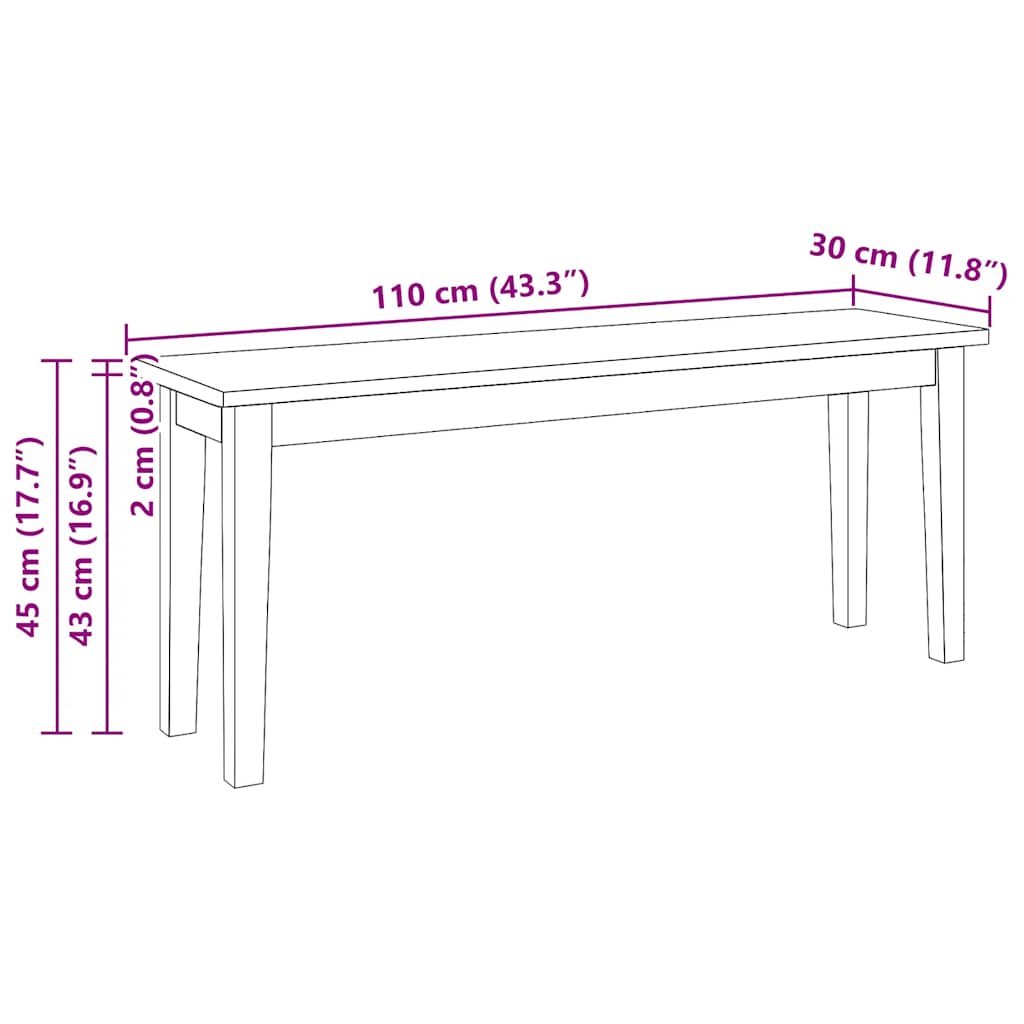 Bank 110 cm Massivholz Gummibaum
