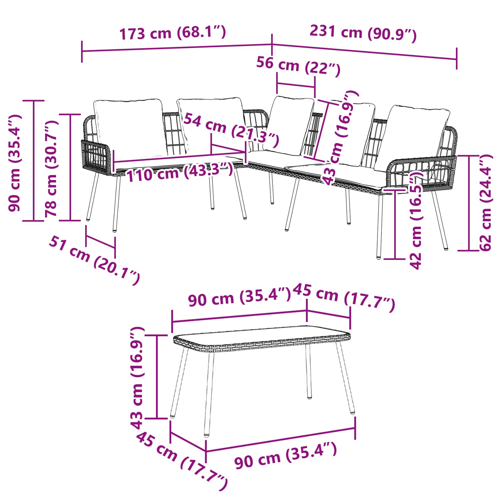 Gartensofa-set mit Kissen 2 pcs Natur Poly-Rattan